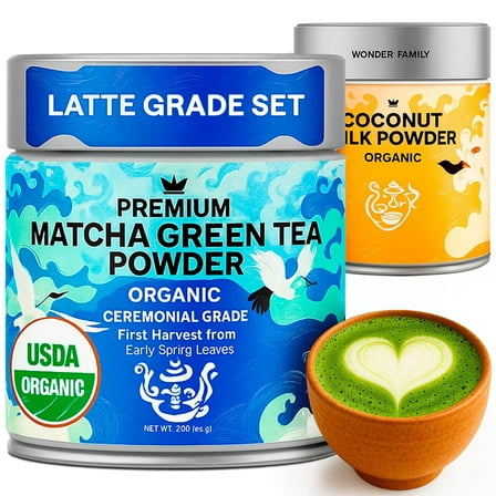 Organic Matcha Latte Powder & Coconut Milk Set – Ceremonial Grade First Harvest Matcha – USDA Organic Green Tea Sugar Free – Coffee Alternative (2oz)