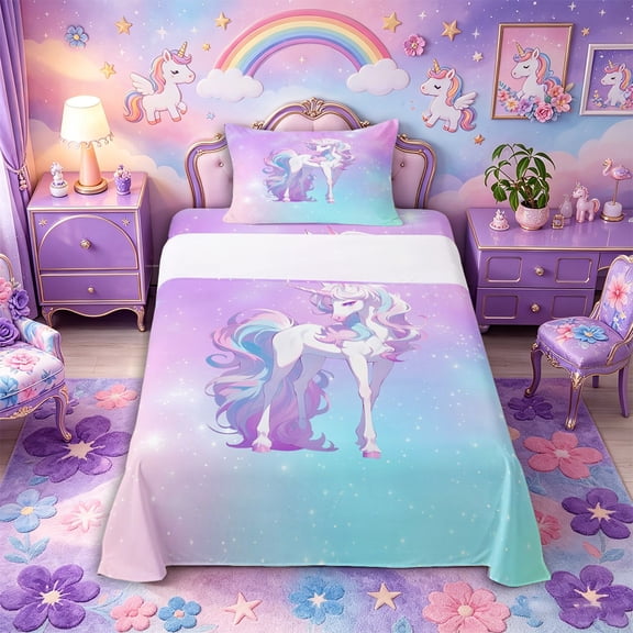 Metsweet Princess Unicorn Twin Sheets 3pcs, Dreamy Gradient Starry Sky Bedding, Blue Purple Pink,1 Fitted Sheet, 1 Flat Sheet and 1 Pillowcase