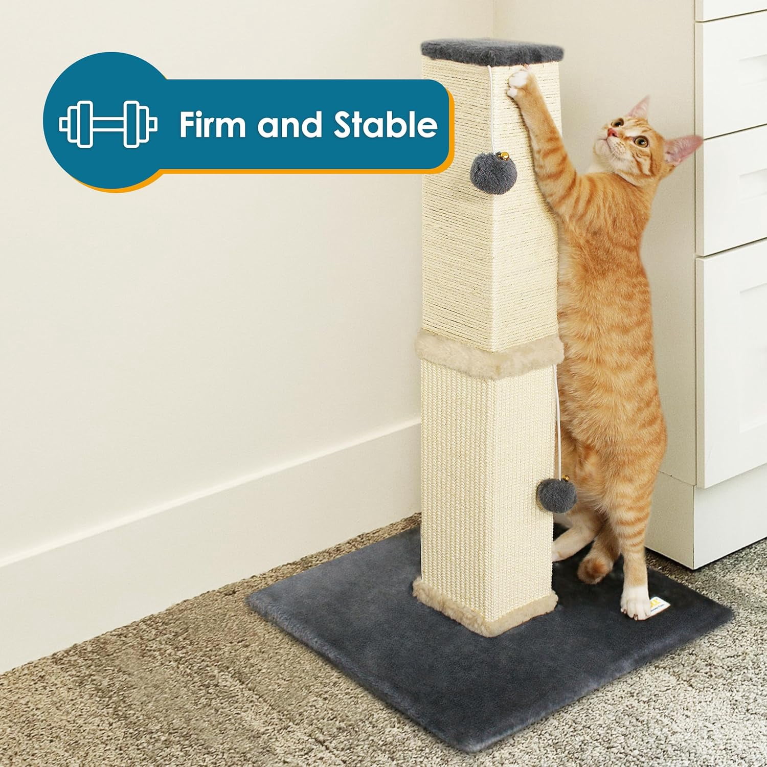 PAWBEE Cat Scratch Post Tower, 32” Tall, Sisal Scratcher with Jingle Bells & Plush Balls, Larger Base for Stability
