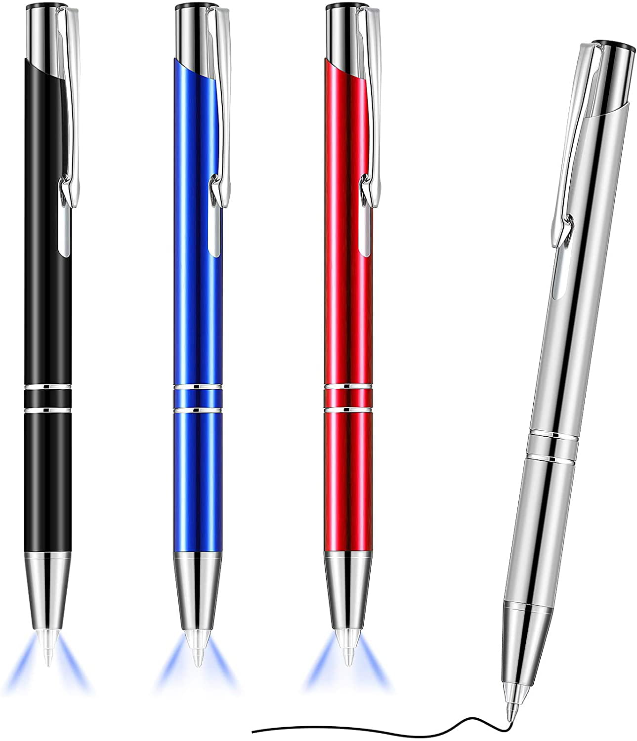 White Light 16 Pieces Lighted Tip Pen LED Penlight Light-up Pen Flashlight Writing Ballpoint Pens Metal 2 in 1 LED Light-up Pen for Night Writing 