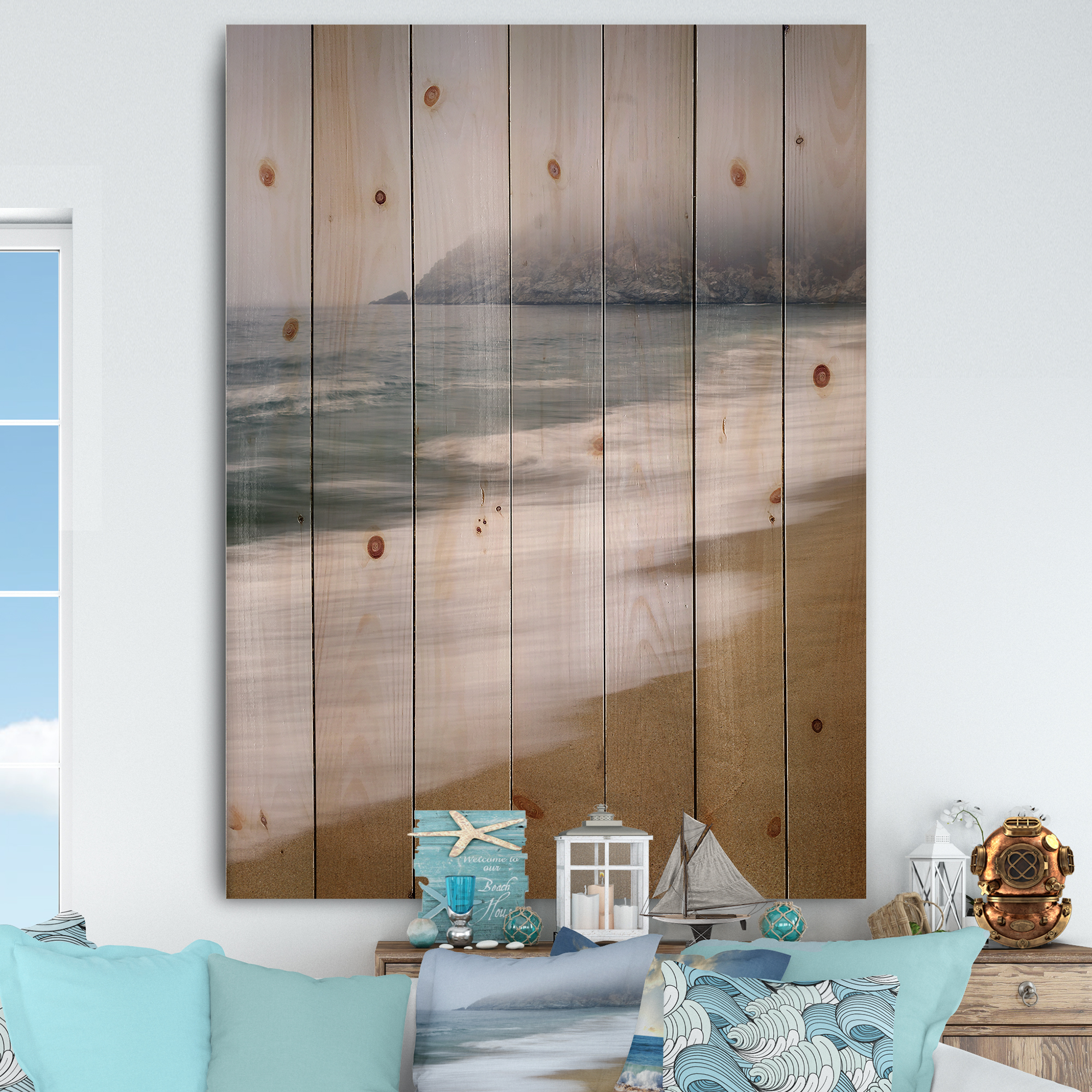 Designart 'Gray Whale Cove' Nautical & Coastal Print on Natural Pine Wood