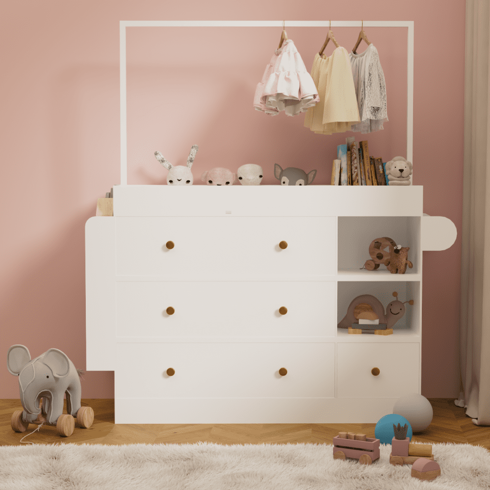 Modern Table Dresser Dressing Table with 3 extra deep Drawers and Storage Shelves and Hangers Multi-Functional Changing Table with Drying Rack White