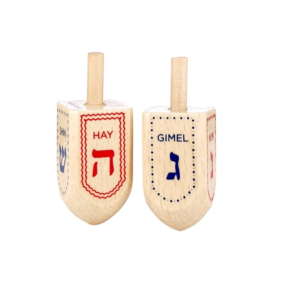 Rite Lite Wooden Colorful Dreidel Set of 2 Chanukah Painted Wooden Dreidels - Nun, Gimel, Hanukkah Party Games Gifts Jewish Games Bulk Multicolor Draydel Pack with Hebrew Lettering Hours of Fun!