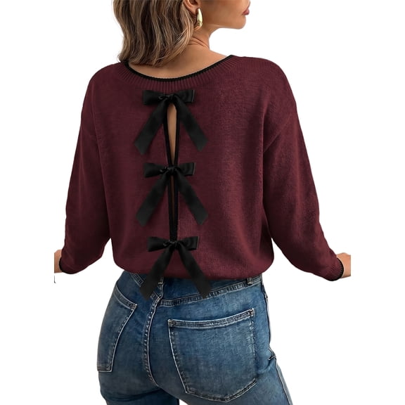 SHEWIN Womens Bow Sweaters Pullover Knit Tops Dressy Casual Cute Crewneck Long Sleeve Fall Winter Sweater Burgundy
