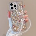 thumbnail image 3 of for iPhone 16 Pro Max Case with Wrist Strap Women Luxury 3D Bling Shiny Rhinestone Diamond Crystal Pearl Handmade Flowers Soft Protective Glitter Case for iPhone 16 Pro Max (Silver), 3 of 13