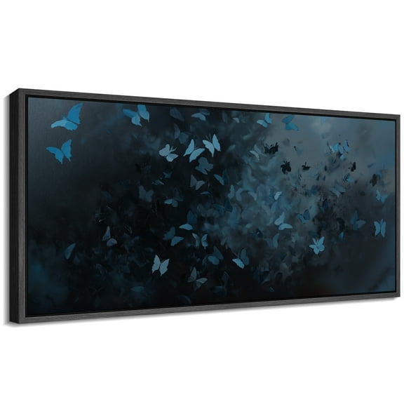 Large Framed Canvas Print Abstract Woodland Butterfly Wall Art Decorative Ready to Hang Painting for Living room Bedroom - 60"x30" Black Frame
