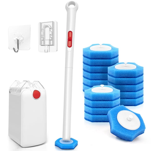 JEHONN Brosse Jetable pour Cuvette de Toilette avec Système de Serrage Amélioré, Baguette Récurante Murale pour Salle de Bain et Ensemble Support pour Baignoire Évier Lavabo, 16 Recharges