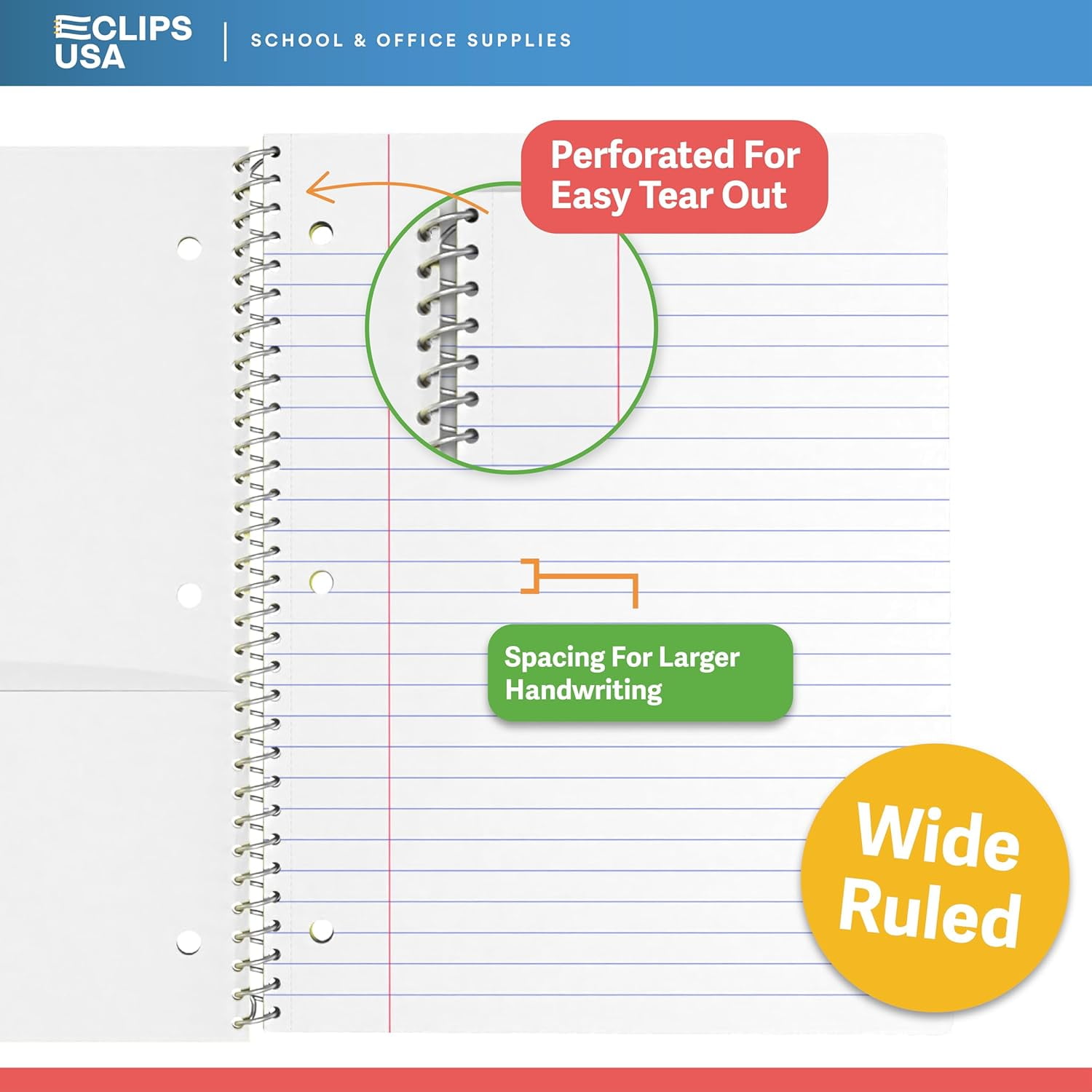 E-Clips USA 150-Sheet 5-Subject Wide Ruled Spiral Notebook with 2 Pocket Divider, 8.5” x 11”, 12-Pack