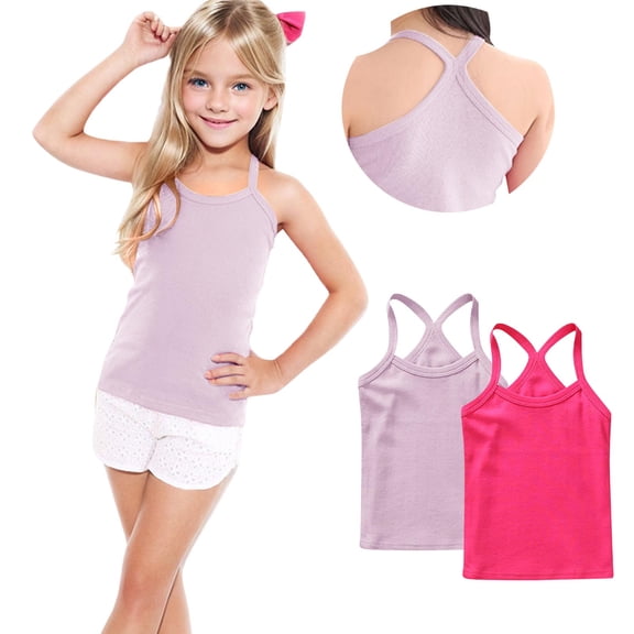 Eltusu Girls Cotton Tank Tops, 2 Pieces Y-Back Solid Color Sleeveless Kids Undershirts Pink Size 10-12 T