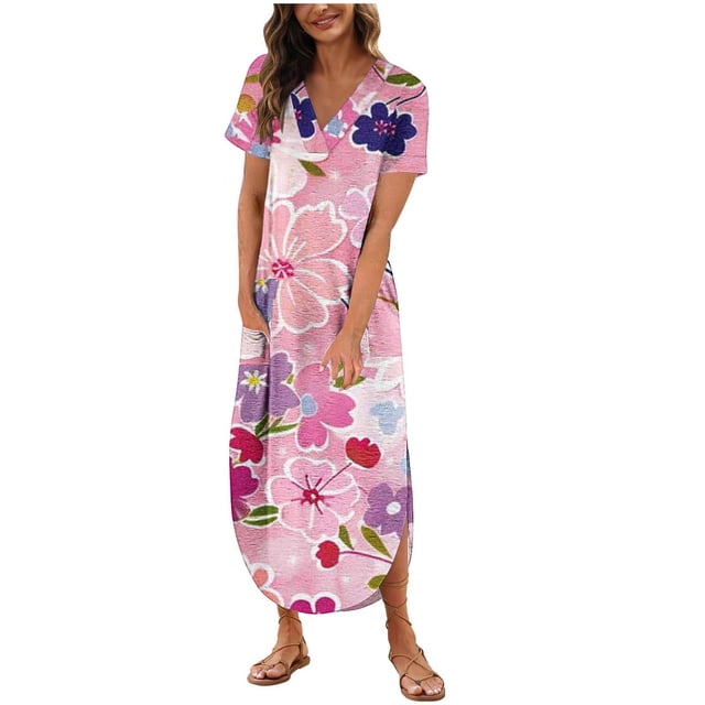 Vestido de Manga Corta para las Mujeres, Vestido Casual de Cuello en V de Bolsillo de Impresión de Moda Sexy Hecho de Poliéster Ligero para el Verano, Vestido de Verano para las Mujeres