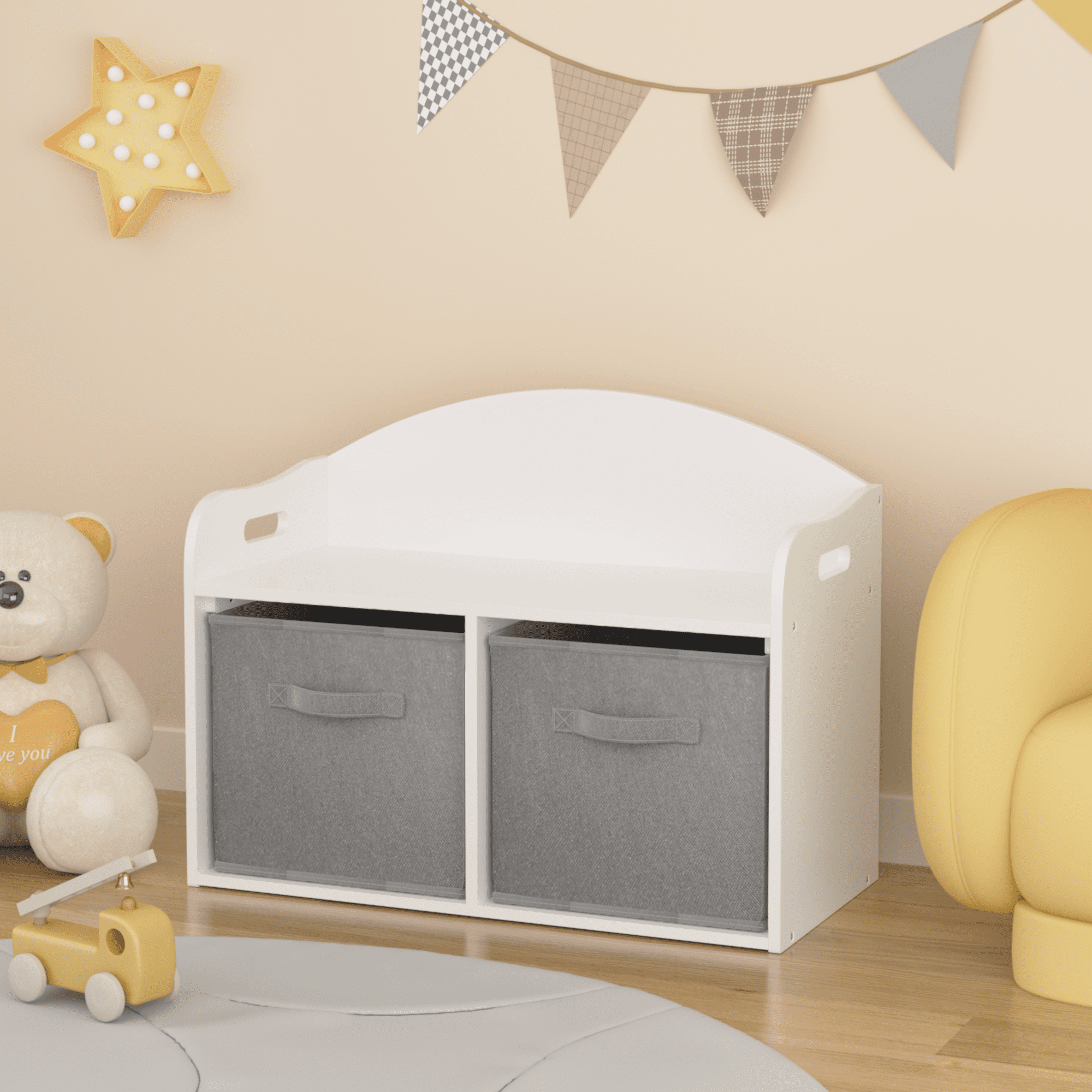 Kids Toy Box, Seizeen Toy Chest with Foldable Fabric Drawer for Boys&Girls, Toy Bench, Multi-functional Storage Cabinet with Bench, White&Gray