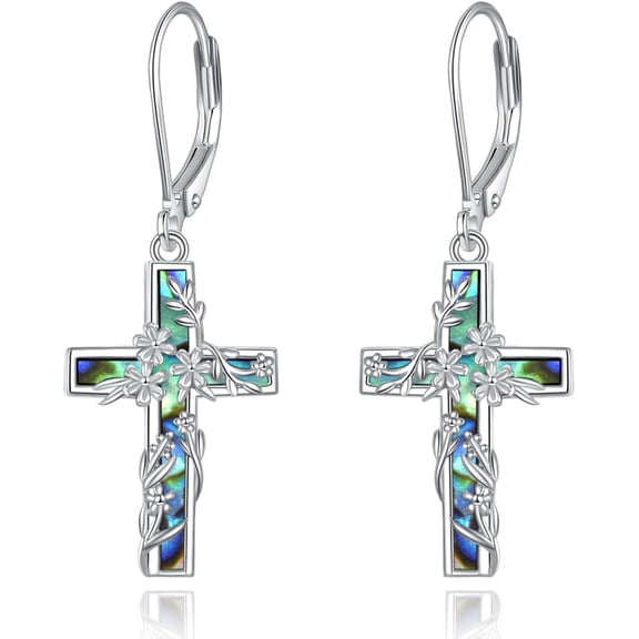 Flower Cross Earrings 925 Sterling Silver Cross Dangle Drop Leverback Religion Jewelry Birthday Gifts for Women