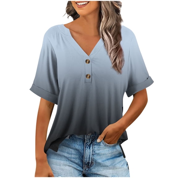 cocolona Womens Summer Tops 2025 Trendy Button V Neck Short Sleeve T-shirts Dressy Casual Gradient Print Blouses S-2XL