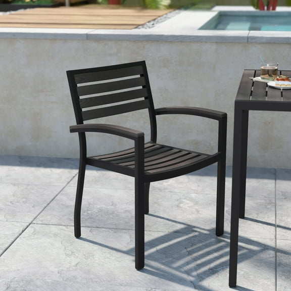 BizChair Outdoor Stackable Faux Teak Side Chair - Commercial Grade Black Aluminum Patio Chair with Synthetic Teak Slats - Set of 2