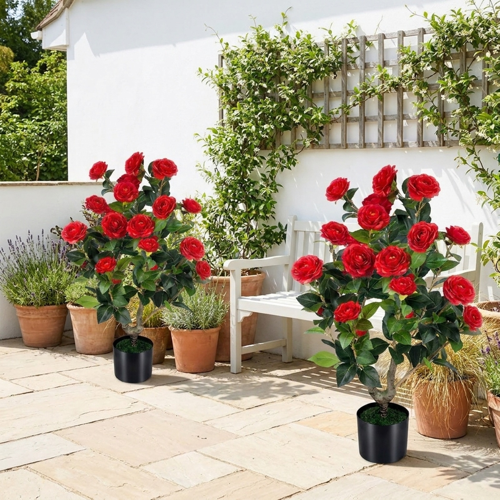 Vebreda Artificial Plant Decor, 2-Pack Artificial Camellia Tree Faux Flower Plant in Cement-Filled Pot, Lifelike & Elegant Design