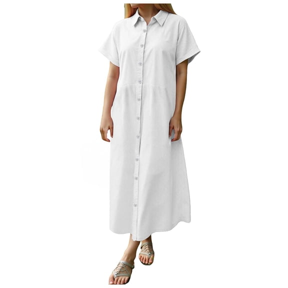 YDFCWXW Women's Casual Loose Fit Short Sleeve Solid Button Up Shirts Dresses Collared Lapel Maxi Dresses Fashion Clothes (White, L)