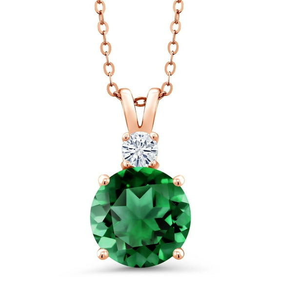 Gem Stone King 18K Rose Gold Plated Silver Green Nano Emerald and White Moissanite Pendant Necklace for Women (3.62 Cttw, Gemstone May Birthstone, Round 10MM, With 18 inch Chain)