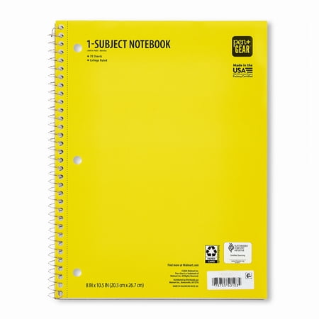 Pen+Gear College Ruled 1-Subject Notebook, 8" x 10.5", Yellow, 70 Sheets