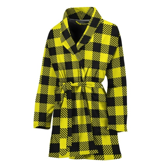 Yellow Buffalo Plaid Women Bathrobe One Size Univeral Fits, Checkered Caro Plaid Tartan Fashion Lightweight Plush Fleece Long Robe For Women
