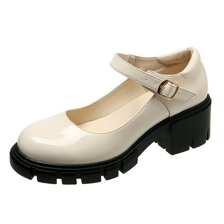 

Youmylove Leisure Women Solid Color Non-Slip Square Heels Round Toe Breathable Stylish Buckle Strap Work Shoes Cozy Comfy Footwear