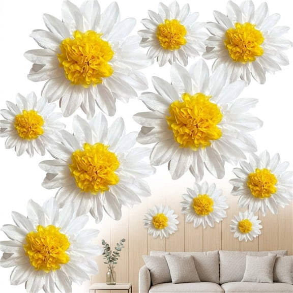 10 Pack Daisy Tissue Paper Pom Poms Flower Party Decorations NOGIS Daisy Poms White Yellow Flowers Wall Hanging 1st Birthday Bridal Baby Shower Wedding Classroom Decor 12" and 8"