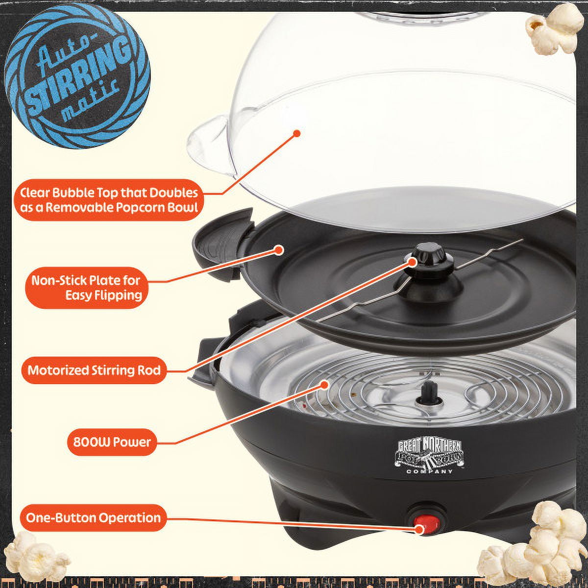 Great Northern Popcorn 800W Electric Popcorn Machine with Auto Stir, Black