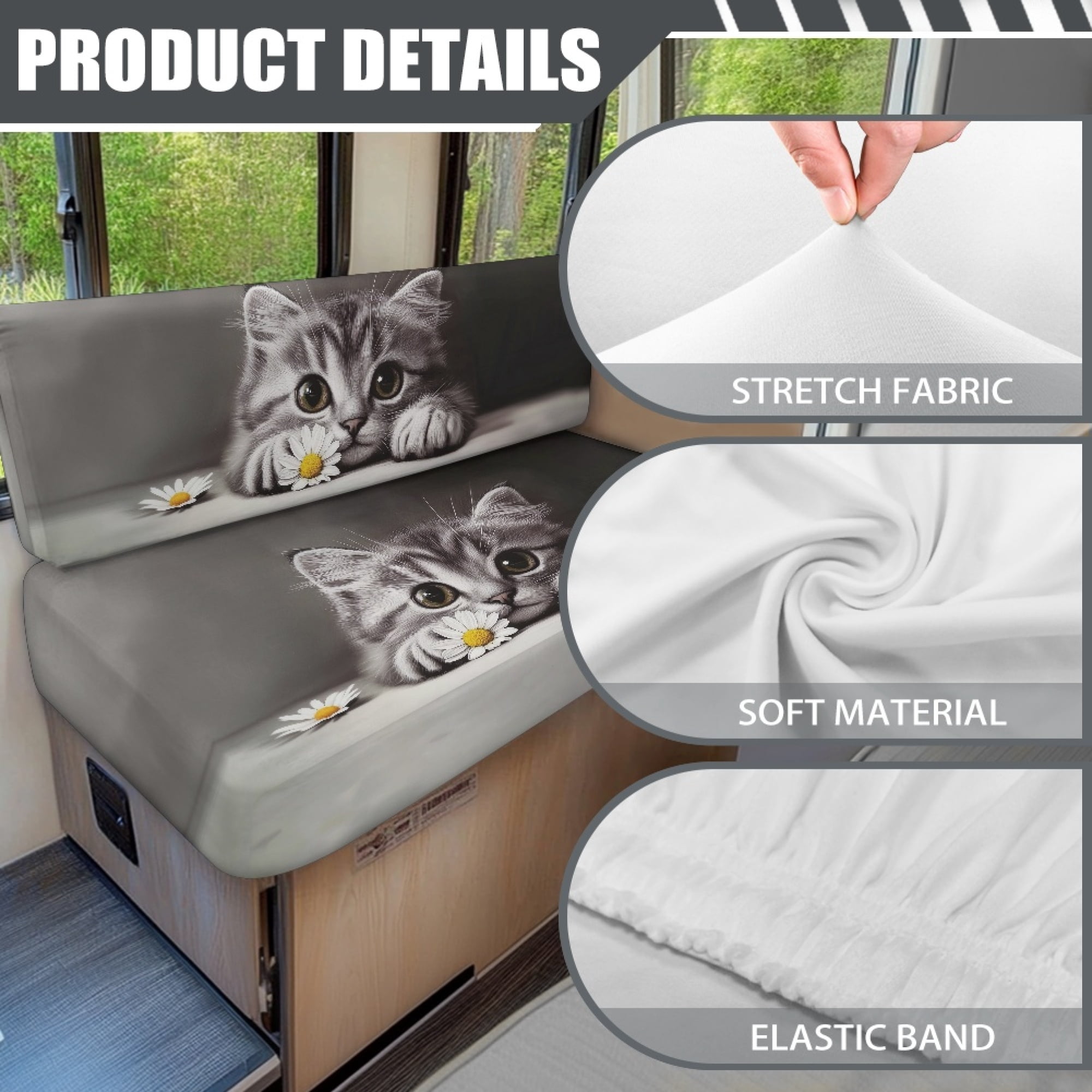 FOR U DESIGNS Cat Daisy Print 2 Pcs RV Dinette Cushion Covers Waterproof Camper Cushion Slipcover Stretch Sofa Furniture Protector Include1 Backrest Covers and 1 Bench Covers