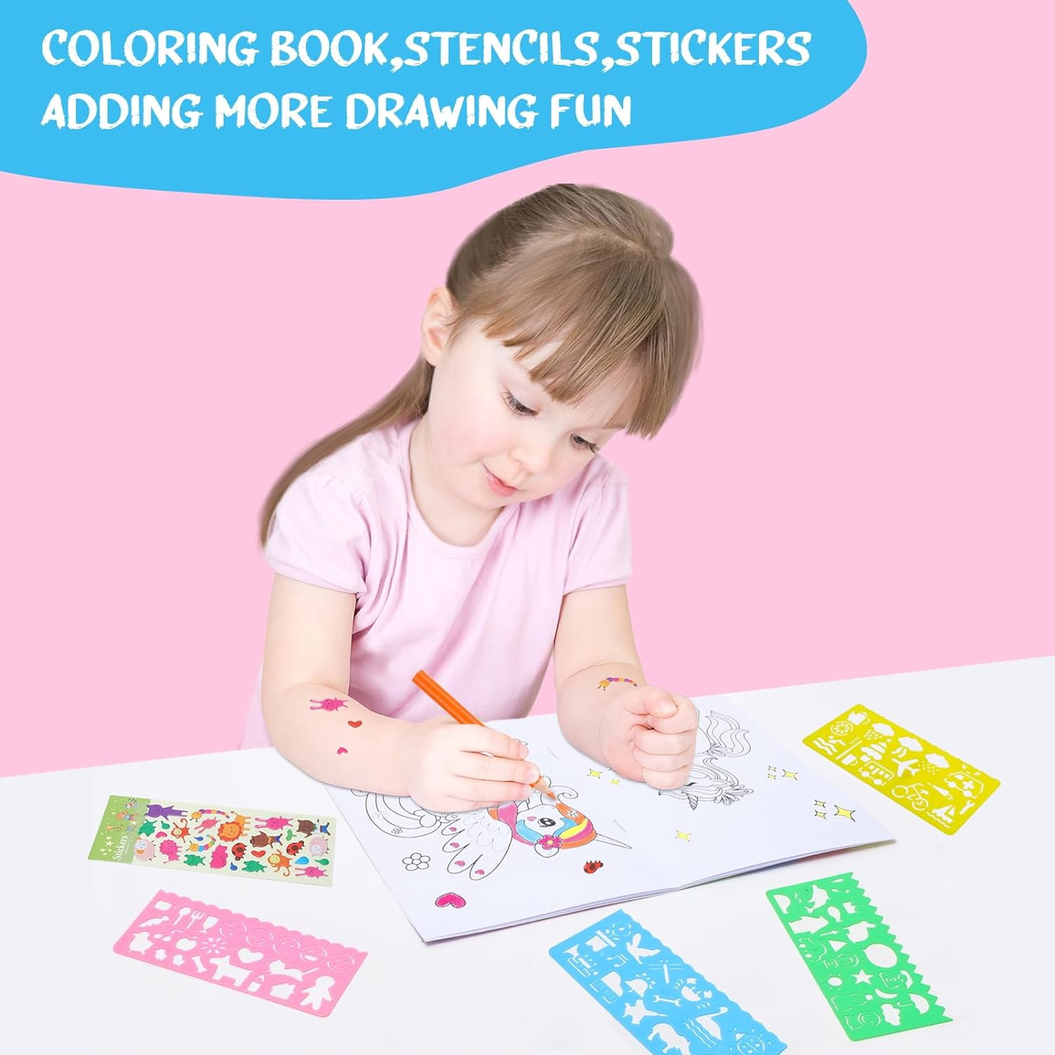 JYPS Art Supplies for Kids,Drawing Kits Unicorn Art Case Coloring Set with Double Sided Trifold Easel,Crayon,Colored Pencil,Marker,Coloring Book,Stencil,Sticker,Drawing Stuffs Gifts for Girls 4-12