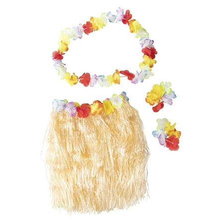 Silk White Hibiscus Flowers Hawaiian Luau Skirt - 24-Piece Hula Dance Luau Party Supplies Set with 6 Grass Skirts Colorful Silk Faux Hibiscus Flowers, 6 Leis, 12 Bracelets, for Costume Party, Birthday, Performances, Beige ()