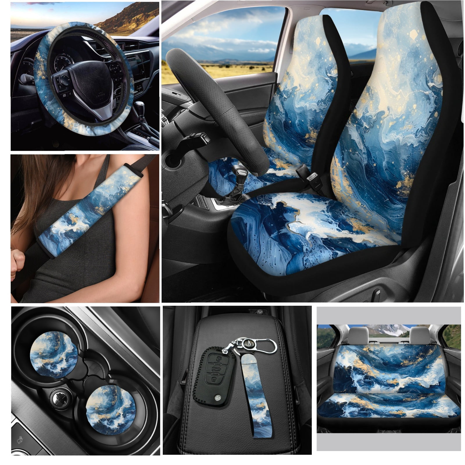 Yuyamidu Blue Marble Print Car Seat Covers Full Set of 12 Universal Front Back Seat Cover and Steering Wheel Cover Seatbelt Strap Pad Cup Holders Keychain