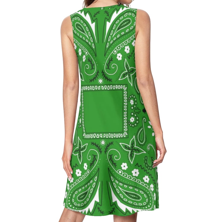 green paisley shirt dress bandana pattern Spring Summer Dresses for Women Fashion T-shirt Casual Sleeveless Loose Sundress with Pockets size_8