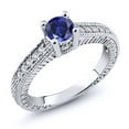 thumbnail image 2 of Gem Stone King 925 Sterling Silver Blue Created Sapphire and White Created Sapphire Women's Solitaire Ring with Accent Stones (0.75 Cttw, Round Shape 5MM, Size 9), 2 of 2