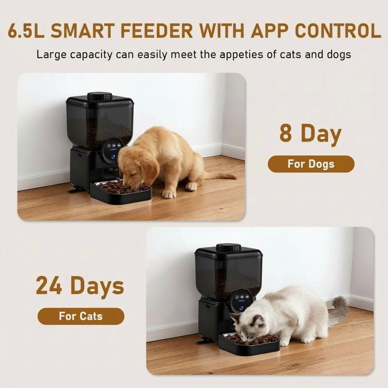 Topchances Automatic Pet Feeder, Dog Cat Food Dispenser with HD Camera, Smart Timed, APP Control, Dual Power Supply, Anti-Jam Design, 6.5L Large Capacity (Black)