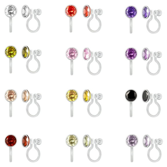 12 Pairs Invisible Plastic Clip On Earrings for Sensitive Ears, Cubic Zirconia Birthstone Stud Earrings Set for Non Pierced Ears Women