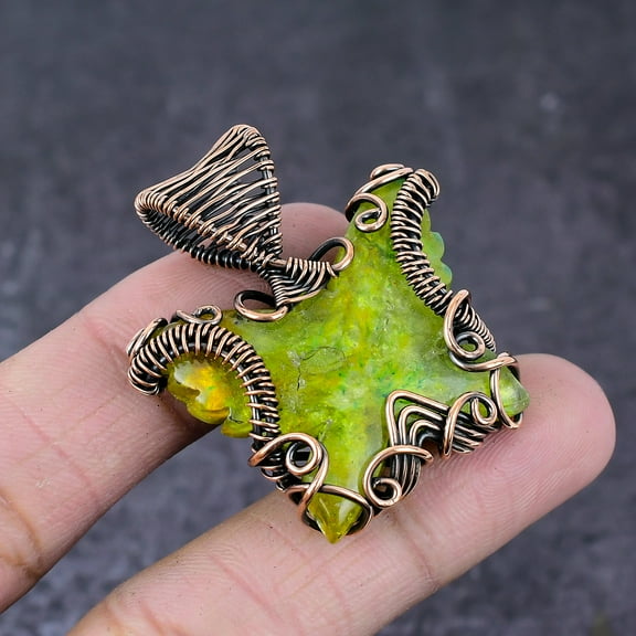 Natural Green Opal Handmade Copper Butterfly Wire Wrap Pendant 1.77"