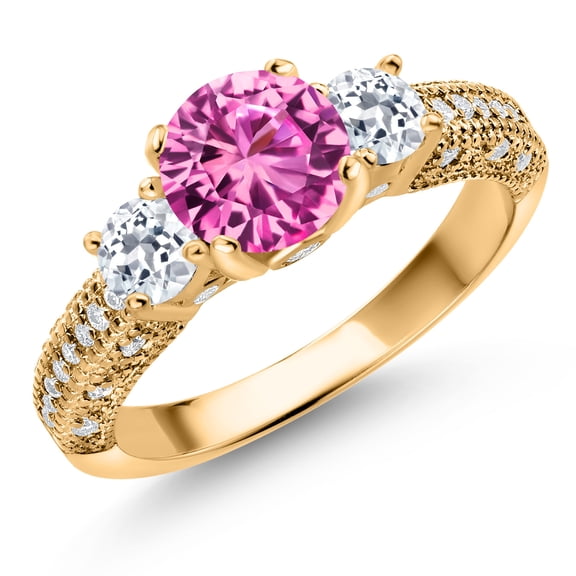 Gem Stone King 18K Yellow Gold Plated Silver Pink Created Sapphire White Topaz and White Moissanite Engagement Ring for Women (2.40 Cttw, Gemstone September Birthstone, Round 7MM and 4MM, Size 9)