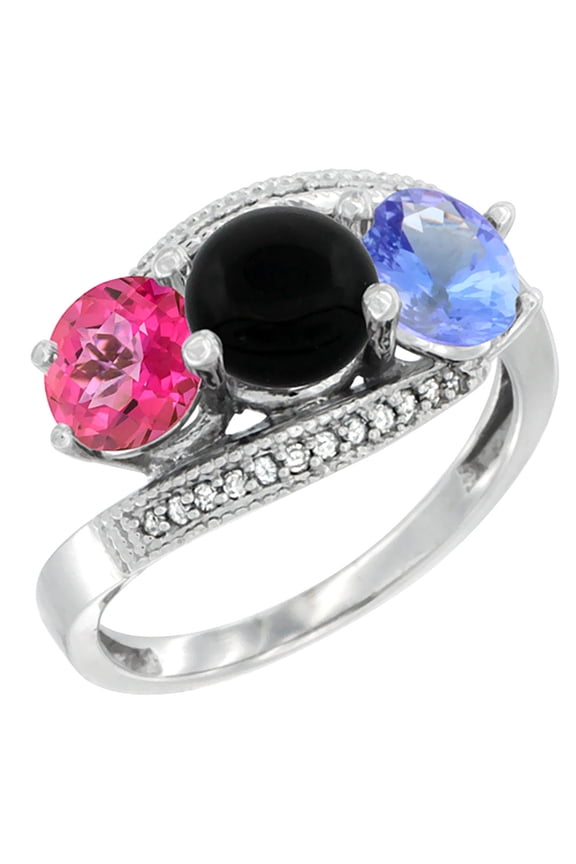 14K White Gold Natural Pink Topaz, Black Onyx & Tanzanite 3 stone Ring Round 6mm Diamond Accent, size 6.5
