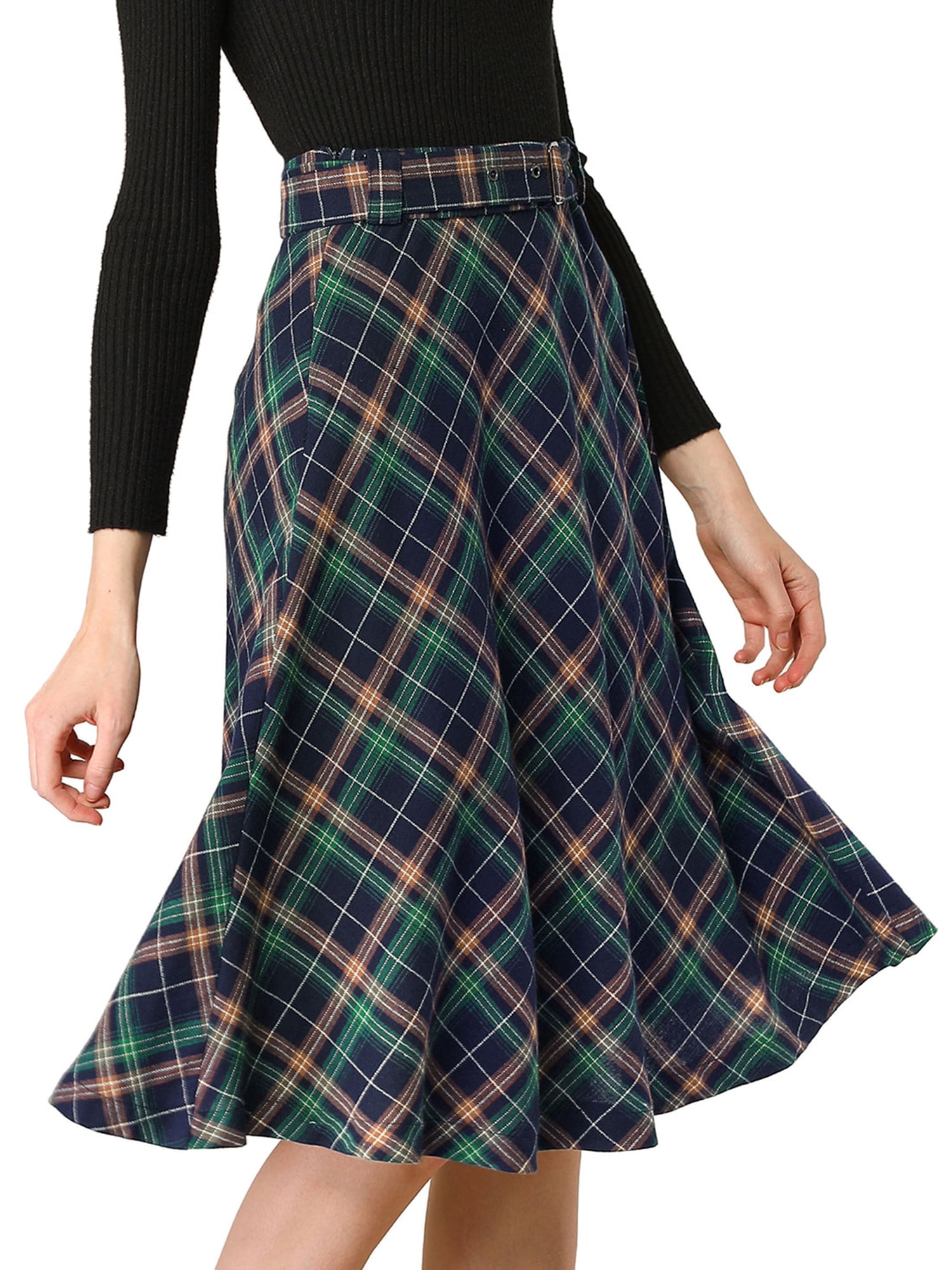 Allegra K Women's Plaid Checks Belted Swing Midi Skirt 