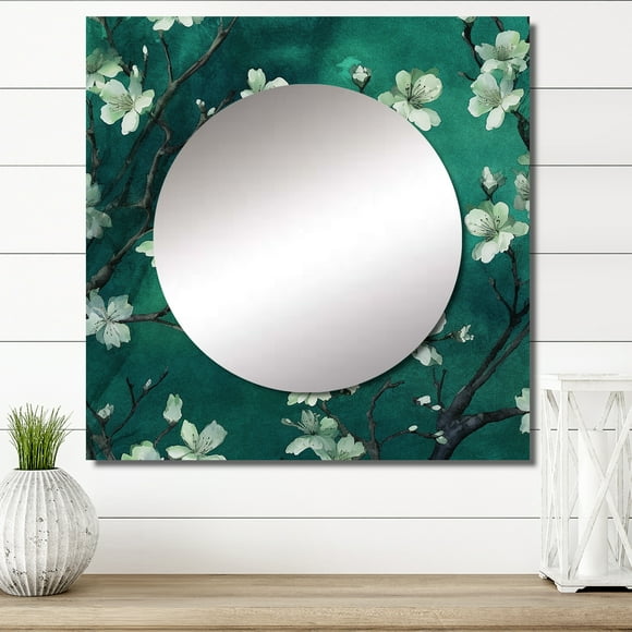 Designart "Green Cherry Blossoms Orchestra" Cherry Blue Large Square Mirror - Square Bedroom Mirror Printed Wall Decor - Traditional Square Printed Wall Mirror Art