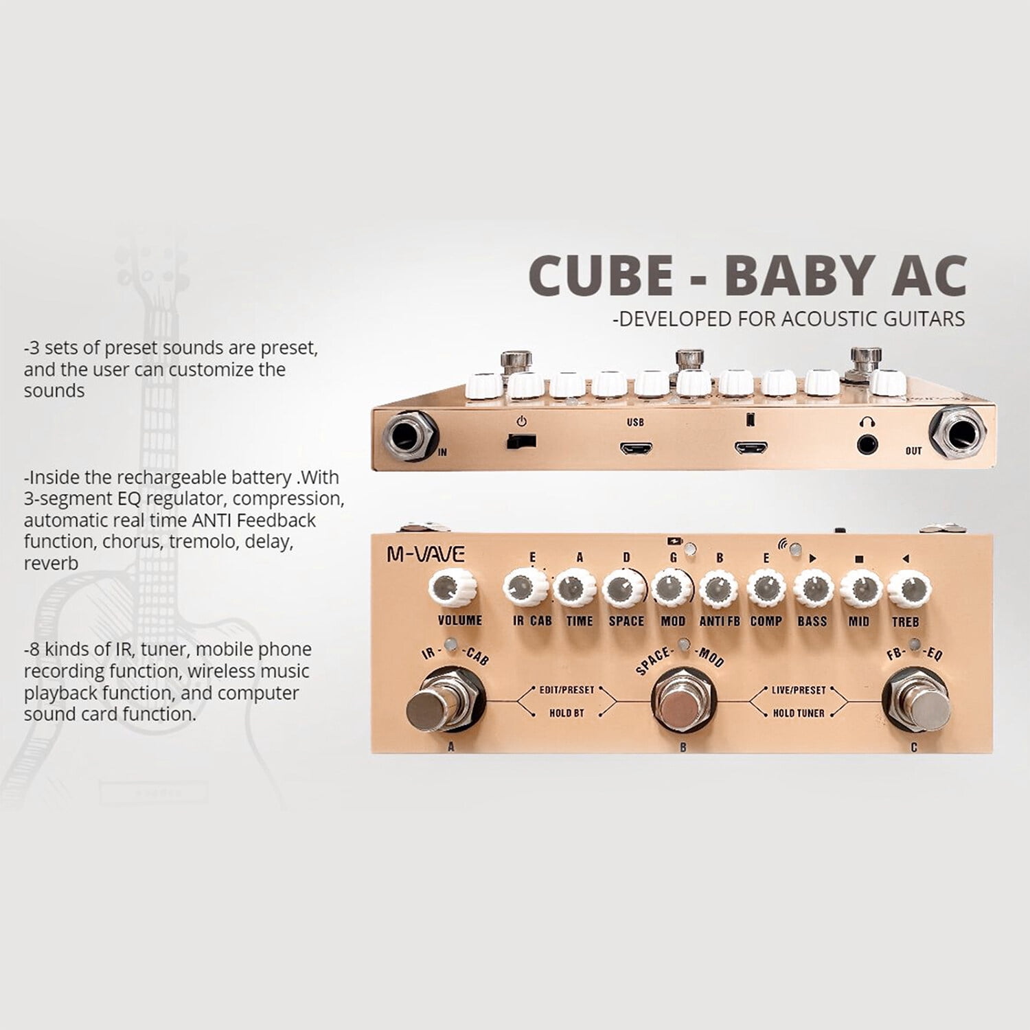 M-VAVE Portable Acoustic Guitar Effect Pedal CUBE AC Multifunctional with Wireless Playback Phone Recording Type-C Audio Interface