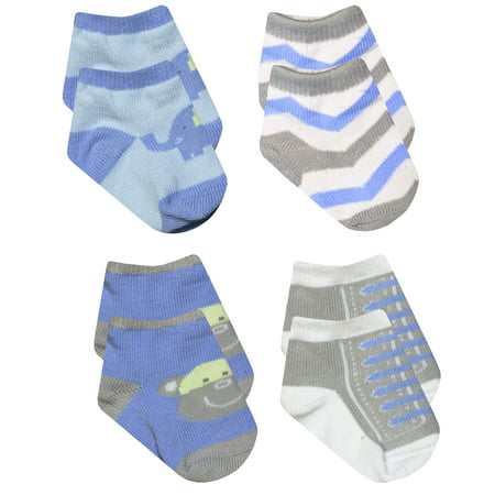 Baby Essentials Boys Blue Elephant Grey Monkey Chevron Sneaker Socks 4 Pack 0-6 Mth - Best Baby Socks - Favorite Unique Newborn Cute Baby Shower Gift (Best Shower Shoes For College)