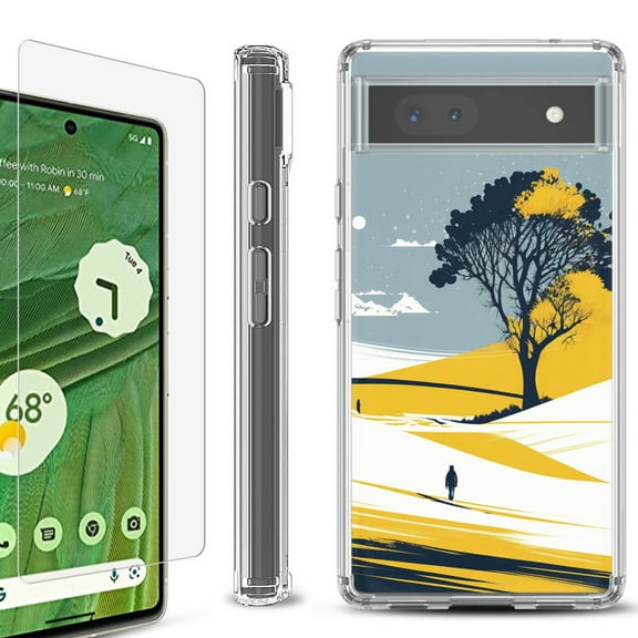 Shockproof Bumper Phone Case for Google Pixel 6a, with Tempered Glass Screen Protector, by OneToughShield ® - Tree on Hill