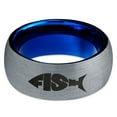thumbnail image 2 of Tungsten Fish Shape Typography Band Ring 8mm Men Women Comfort Fit Blue Dome Brushed Gray Polished, 2 of 4