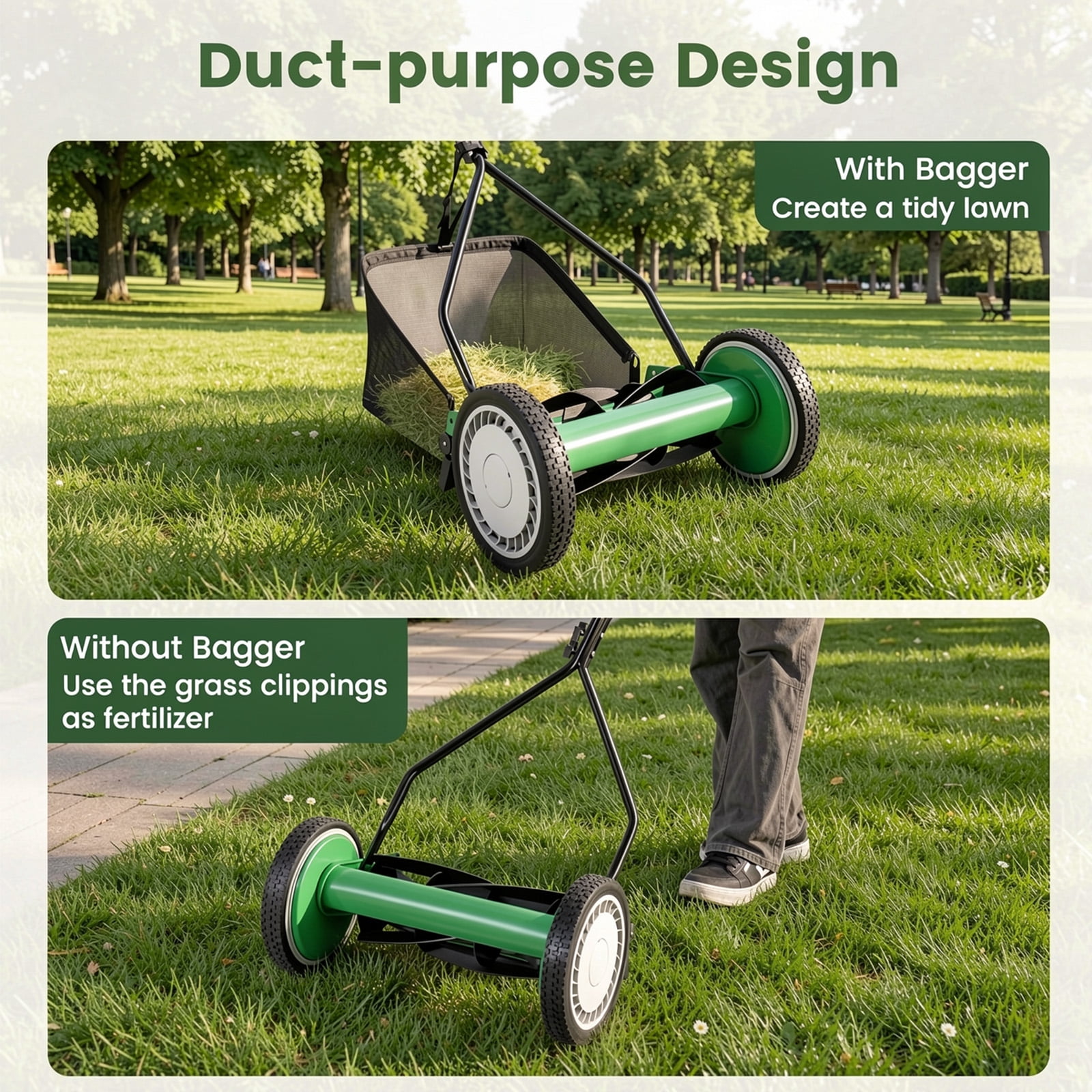 Biotree 14 Inch Push Lawn Mower with 5 Steel Blades and Grass Catcher Bag-Green Manual Reel Eco-Friendly