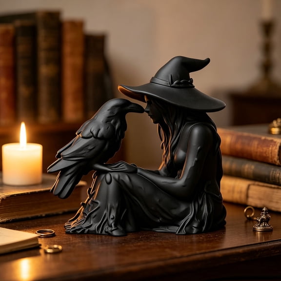 Halloween Witch Crow Figurine Decor, LED Hooded Crow Tabletop Ornament with Gothic Design, Spooky Home Decoration for Shelf Mantel Desk Fireplace Party Display, Dark Style Holiday Accent Gift