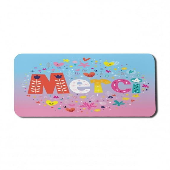 French Computer Mouse Pad, Parisienne French Design Merci Thank You Gratitude Words with Hearts Flowers Print, Rectangle Non-Slip Rubber Mousepad X-Large, 35" x 15", Multicolor, by Ambesonne