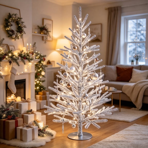 Silver Tinsel Artificial Christmas Tree 35.43 In Christmas Decor Tabletop Tree Metallic Christmas Tree for Home Mantel Side Table Decor Holiday Centerpiece