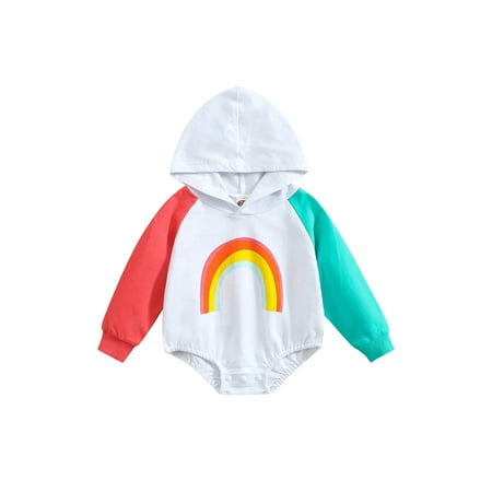 

Autumn Baby Boy Girl Bodysuit Long Sleeve Hooded Rainbow Print Buttons Fall Short Jumpsuit Clothes