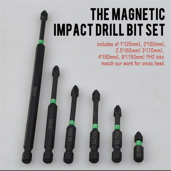 Magnetic Drill Bit Set 6-Pin Magnetic Impact Ph2 S2 Steel Cross Recessed Screwdriver Set, 1/4 Inch, Hexagon Impact Rod, Power Drill for Electric Screwdriver, Impact Drill