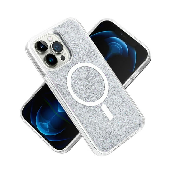 For Apple iPhone 15 (6.1") Magnetic MagSafe Wireless Compatible Epoxy Glitter Shiny Sparkle Bling Hybrid Slim TPU Frame Cover ,Xpm Phone Case [ Silver ]